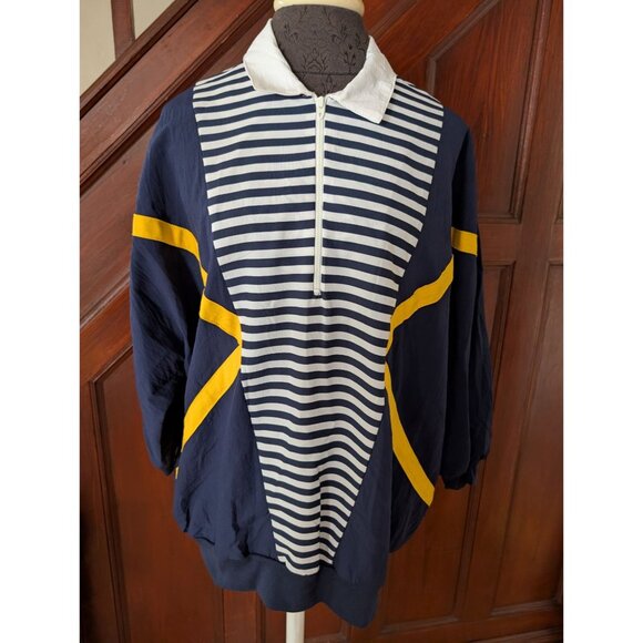 Vintage Navy White Striped Pullover Windbreaker Yellow Accents & Quarter-Zip 20w - Picture 2 of 9
